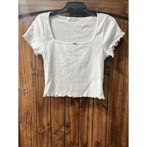 Gaze Women's White Cropped Ribbed Ruffled Edges Shirt Size L NWOT